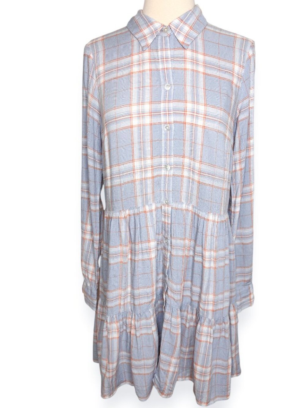 Veronica Beard Jemila Blue Plaid Tiered Long Sleeve Shirt Dress Size Small